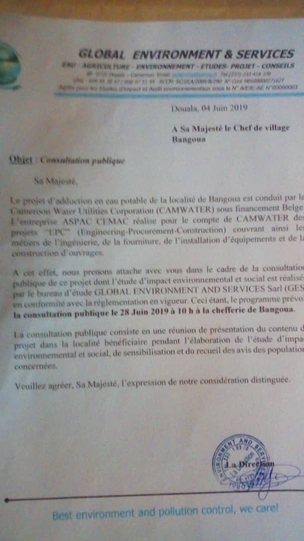 CONSULTATION PUBLIQUE DE L’ÉTUDE D’IMPACT ENVIRONNEMENTAL ET SOCIAL DU PROJET D’ADDUCTION D’EAU POTABLE À BANGOUA CONDUITE PAR LA CAMWATER